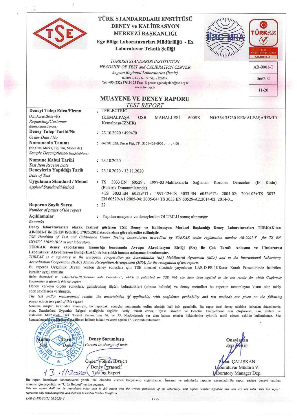 IP 68 - Angled Panel Mount Appliance Inlet Test Report