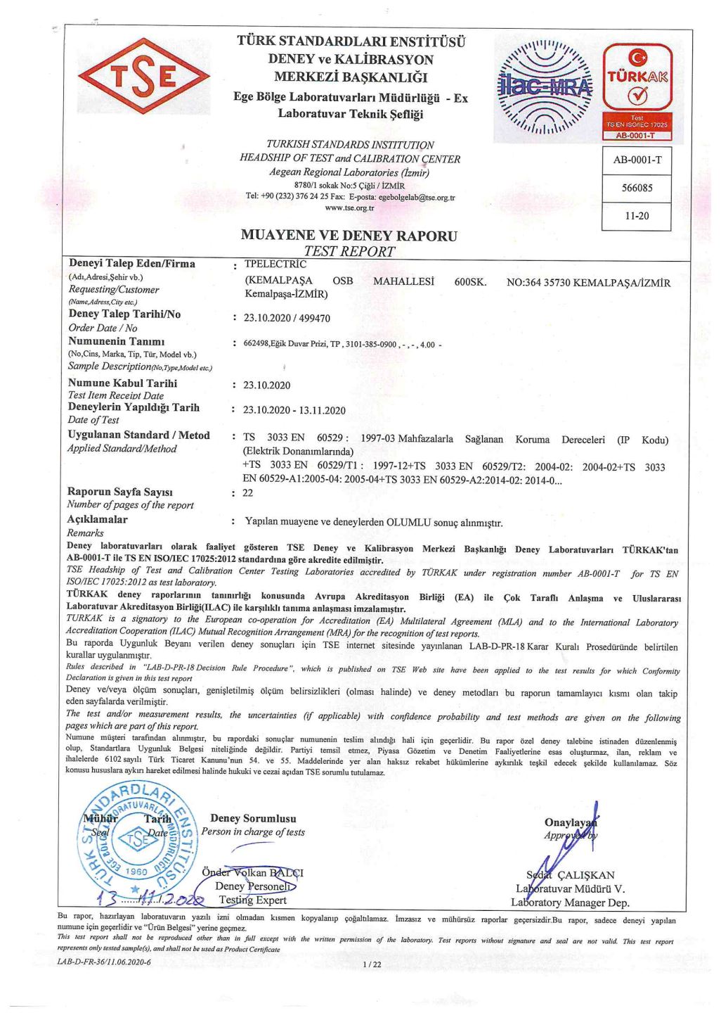 IP 68 - Angled Panel Mount Socket Test Report