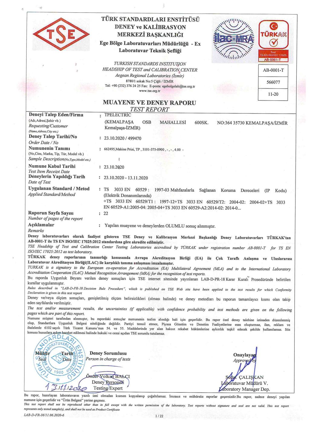 IP 68 - Panel Mount Socket Test Report