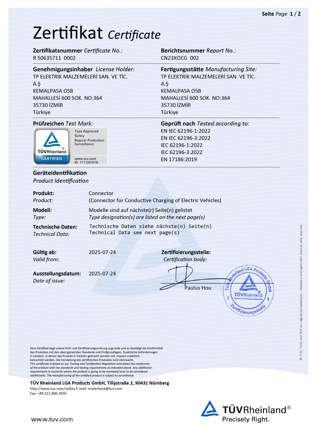 TÜV - CCS Type 2 Connector (400A)